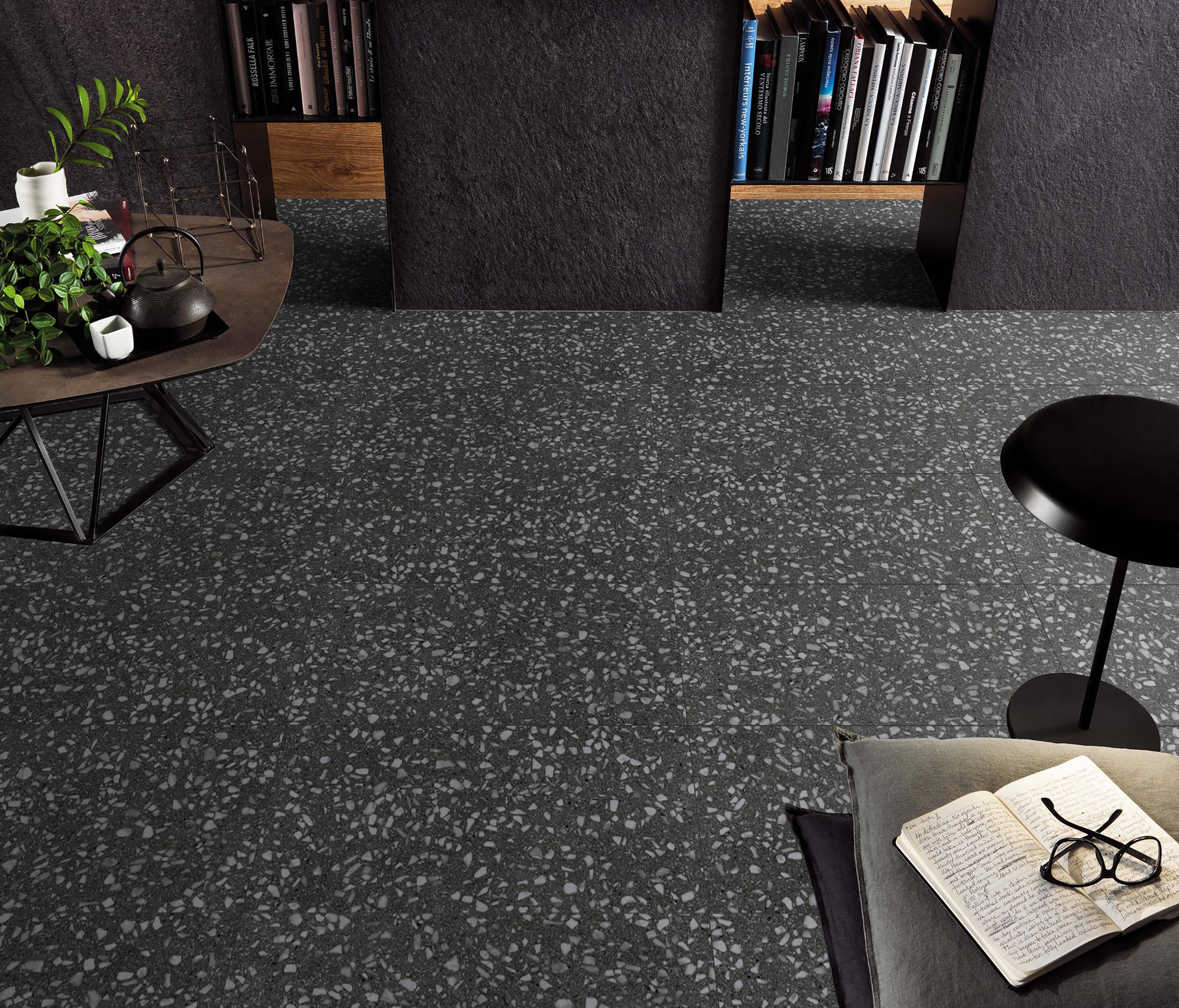 Porto Matte Charcoal Terrazzo Look Tile 600x600